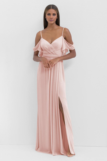 V-neck off shoulder pleated detail backless side slit and floor length evening dress