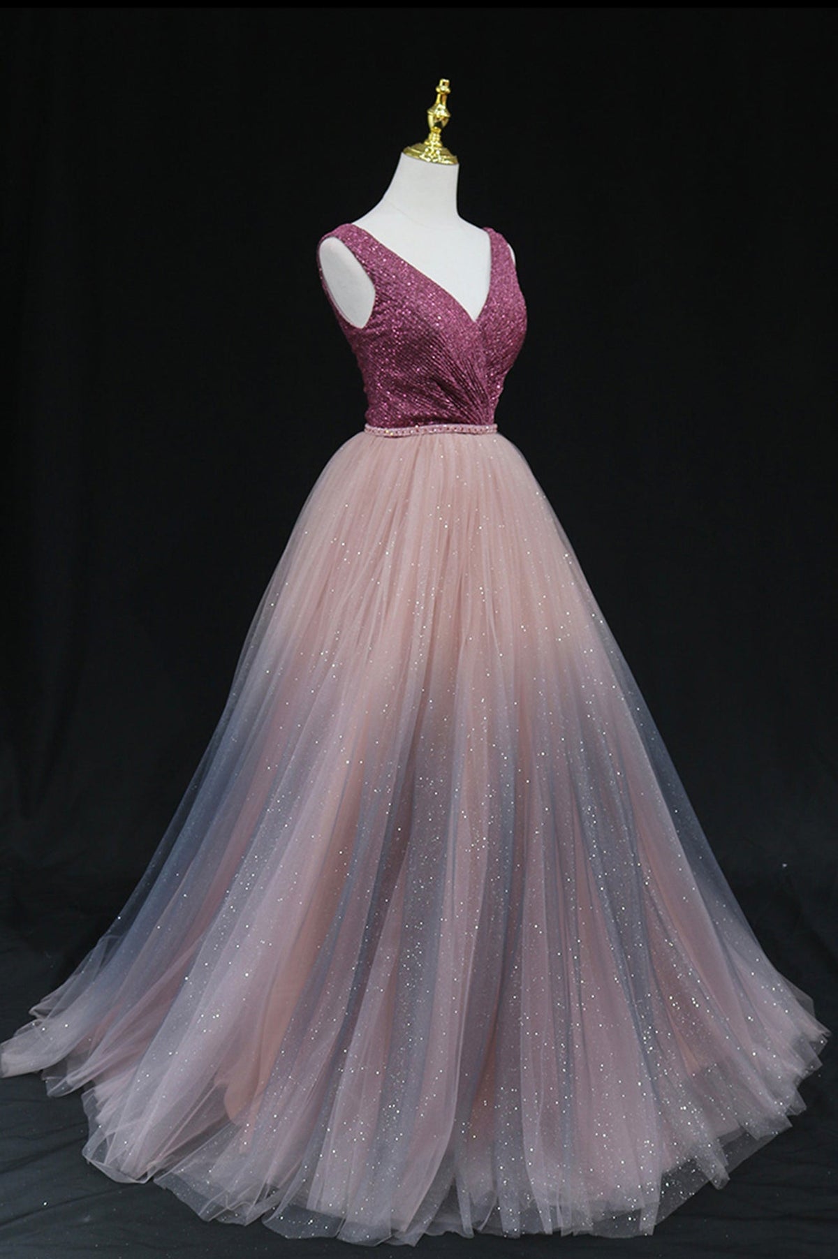 Shiny v neck tulle long prom gown formal dress  8602