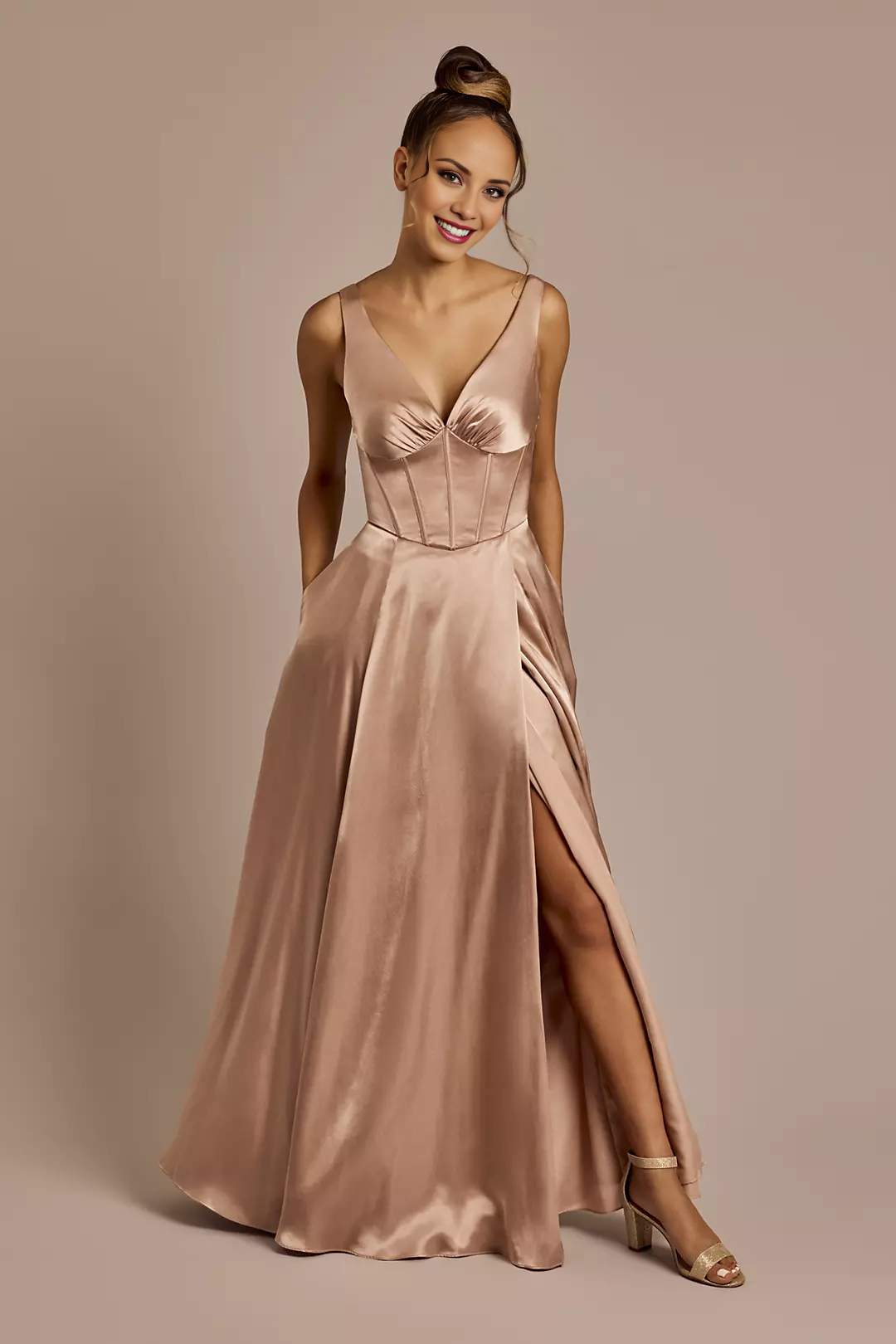 V-neck off shoulder sleeveless backless side slit and floor length Prom dress