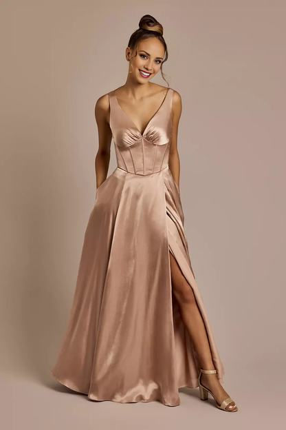 V-neck off shoulder sleeveless backless side slit and floor length Prom dress