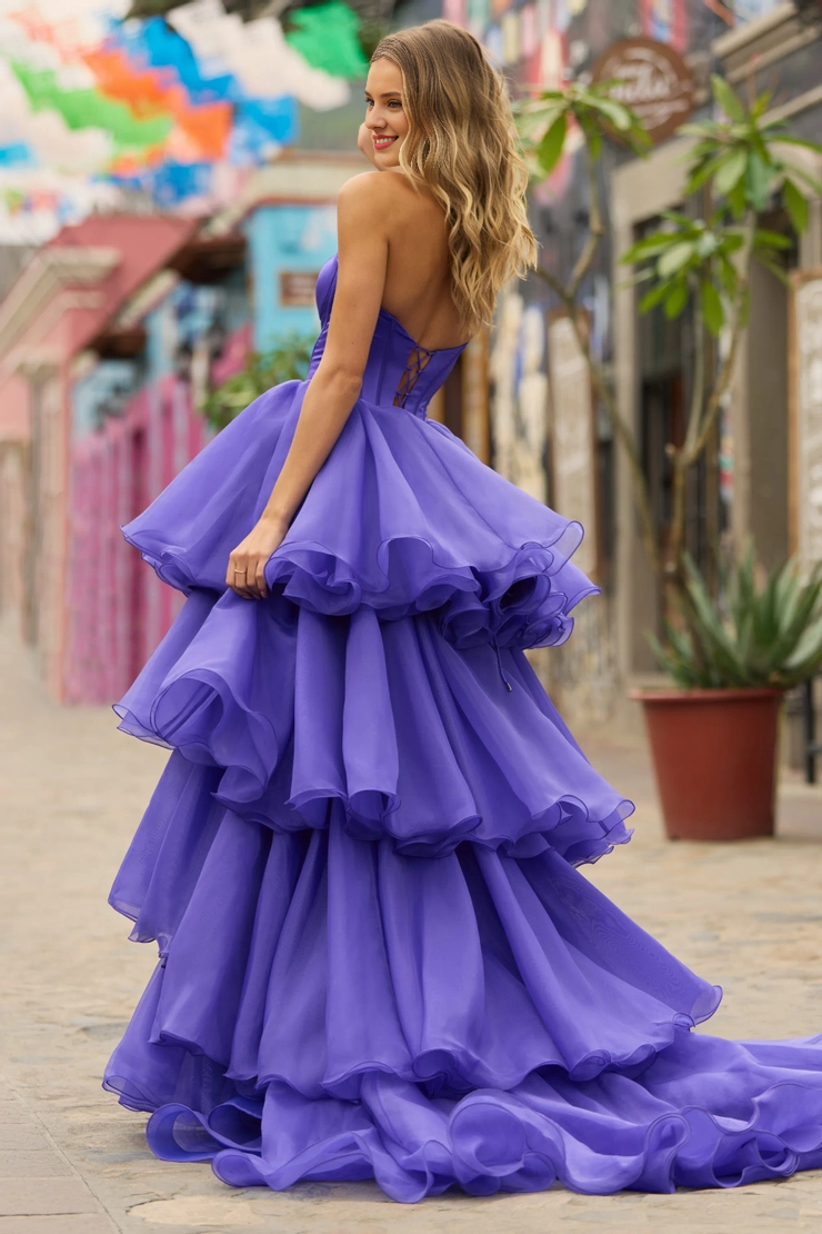 Strapless satin layered side slit backless and floor length dress