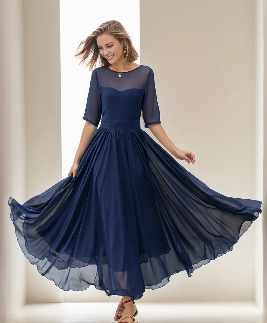 Ship Neck Short Sleeve Chiffon Horn Long Prom Dress