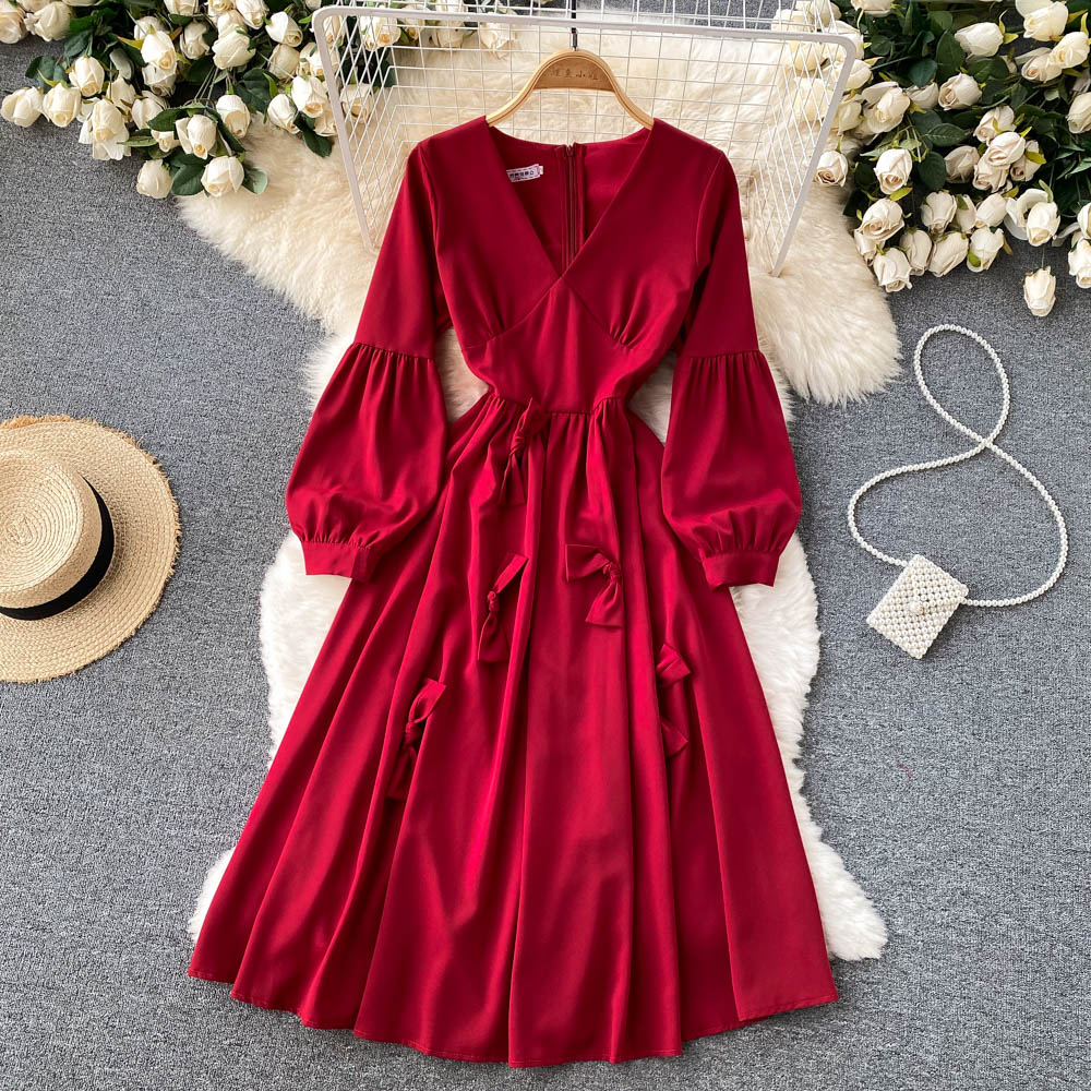 Cute V Neck Long Sleeve Dress A Line Fashion Dress  10858