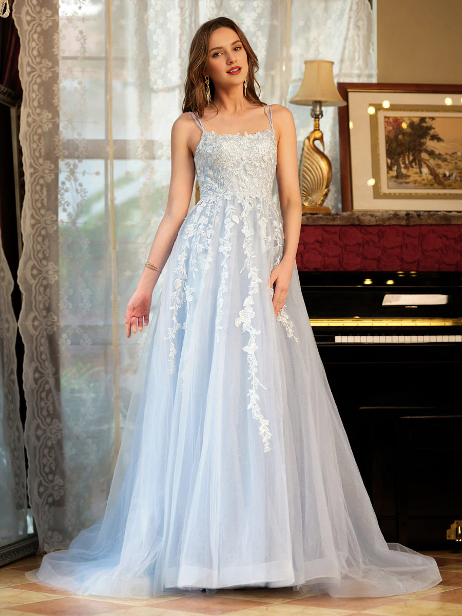 A-line princess chiffon thin shoulder strap embroidered long ball dress