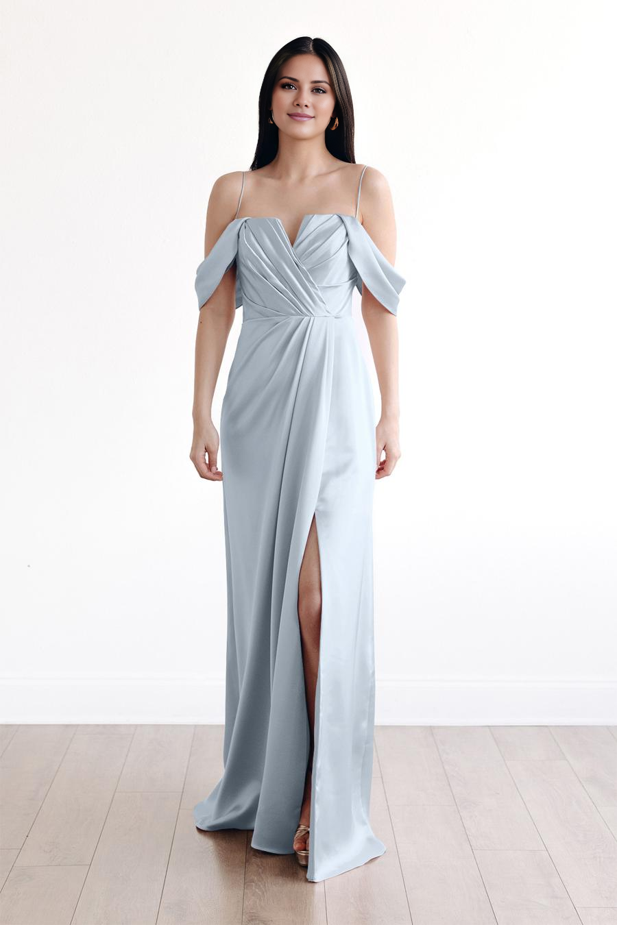 V collar off shoulder thin shoulder straps pleated backless and floor length evening dress