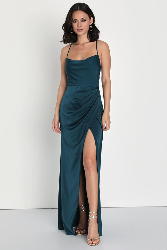square neckline sleeveless thin shoulder strap backless side slit and floor length evening dress