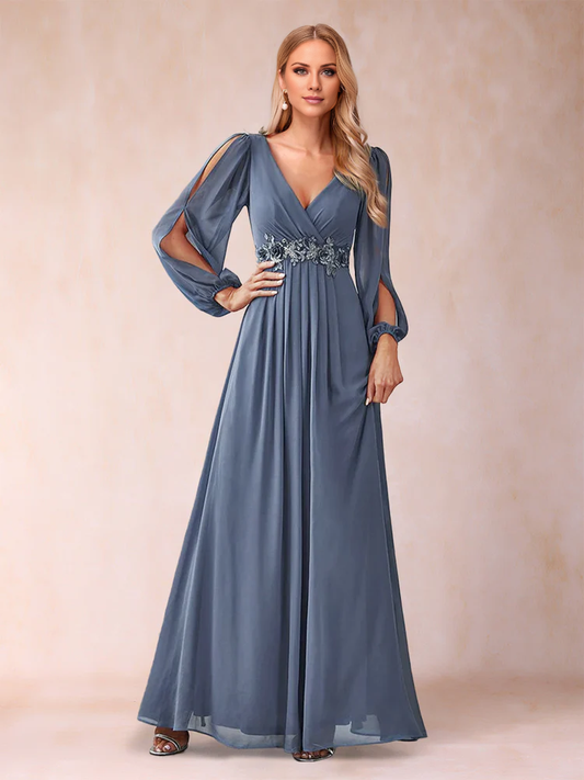 A-shaped princess V-neck ruffled edges and ground length mother of the bride dress