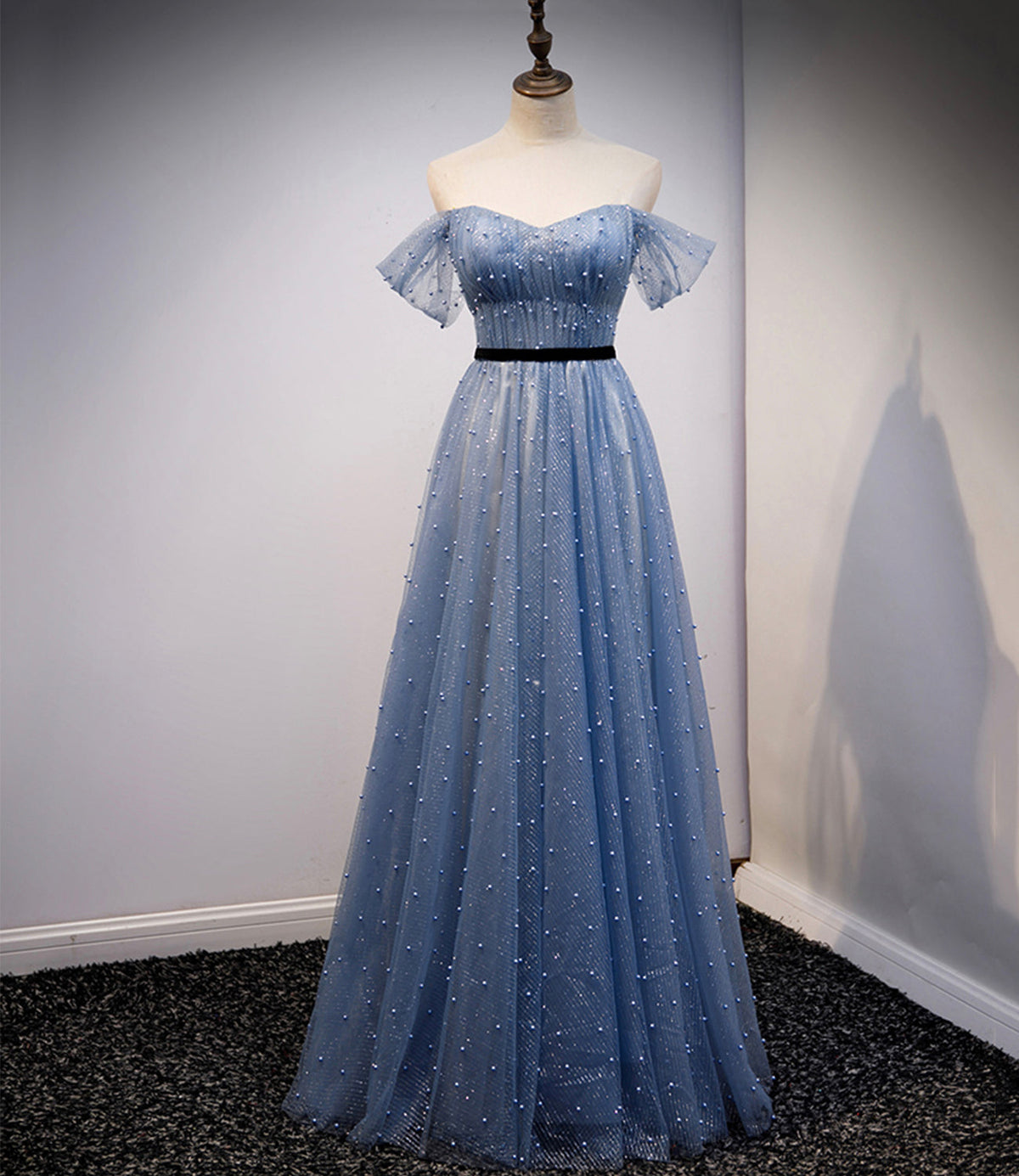 Blue tulle long A line prom dress evening dress  8686