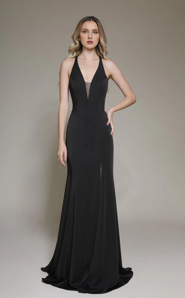 A-line deep V-neck satin and floor length Prom dress