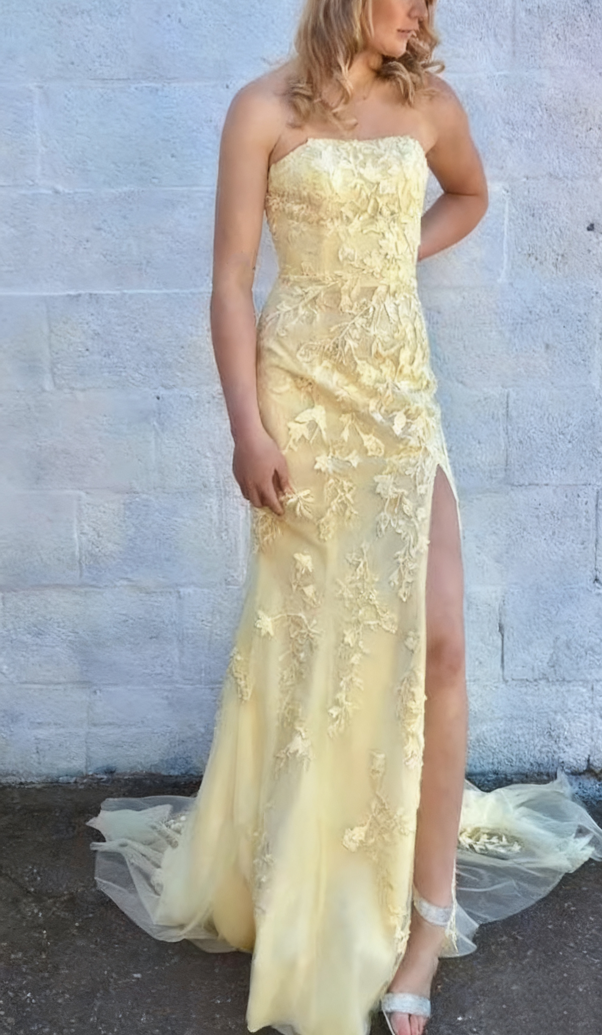girlhomeshops-Yellow floral long slit floor-length tulle prom dress ball gown gh5922