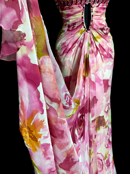 Pink strapless floral print fitted pleated sexy ball gown R6646