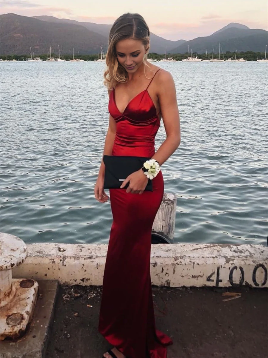 Mermaid V-neck backless satin long Prom dress