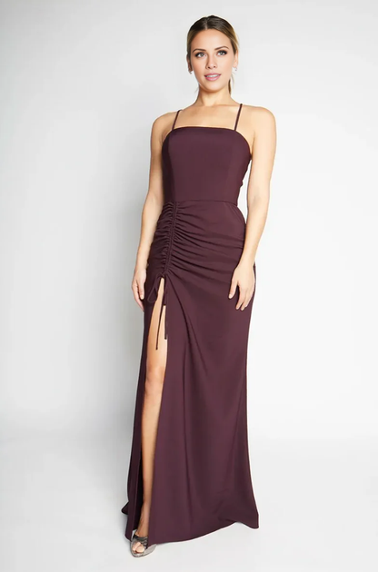 square neckline, off shoulder sleeveless thin shoulder strap backless side split and floor length evening dress