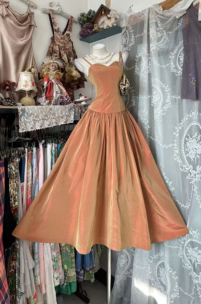 Orange-pink halter-neck fitted long ball gown with a full skirt R8112