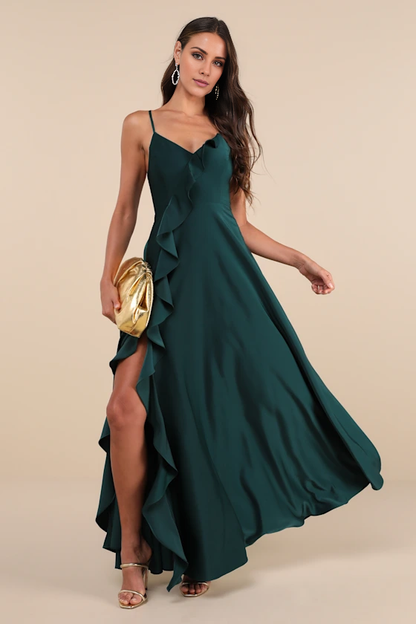 V-neck sleeveless thin shoulder strap with backless side slit ruffle edge and floor length evening dress