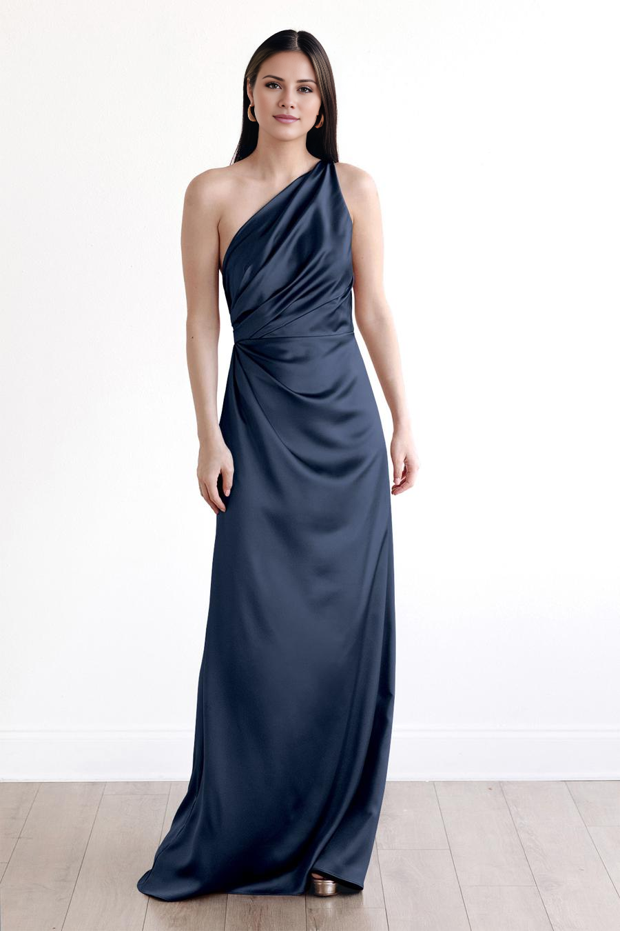 asymmetrical neckline off shoulder pleats backless and floor length evening dress