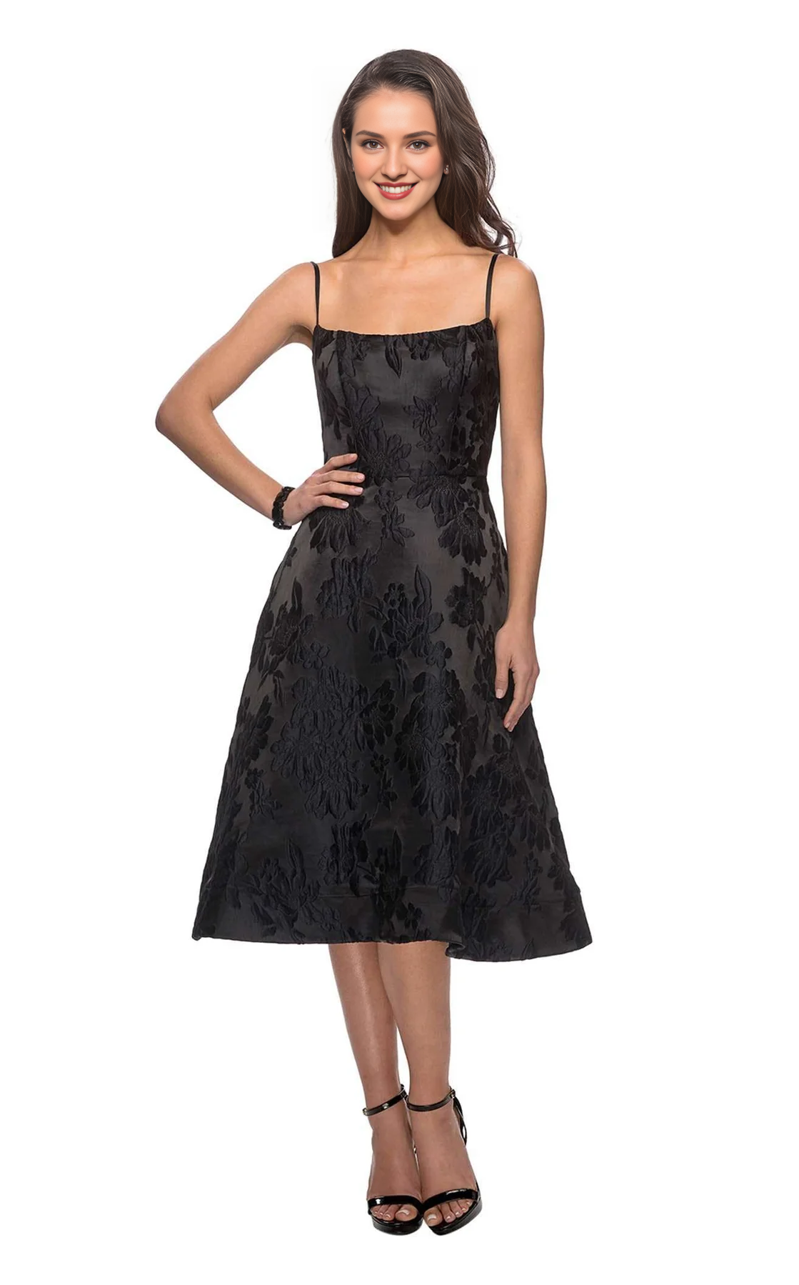 A-line fitted shirt with square neckline and floral pattern Prom dress