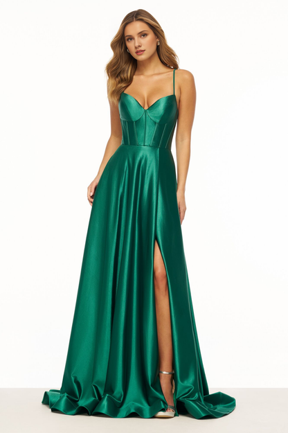 A-line tight corset with front slit back strap and floor length Prom dress