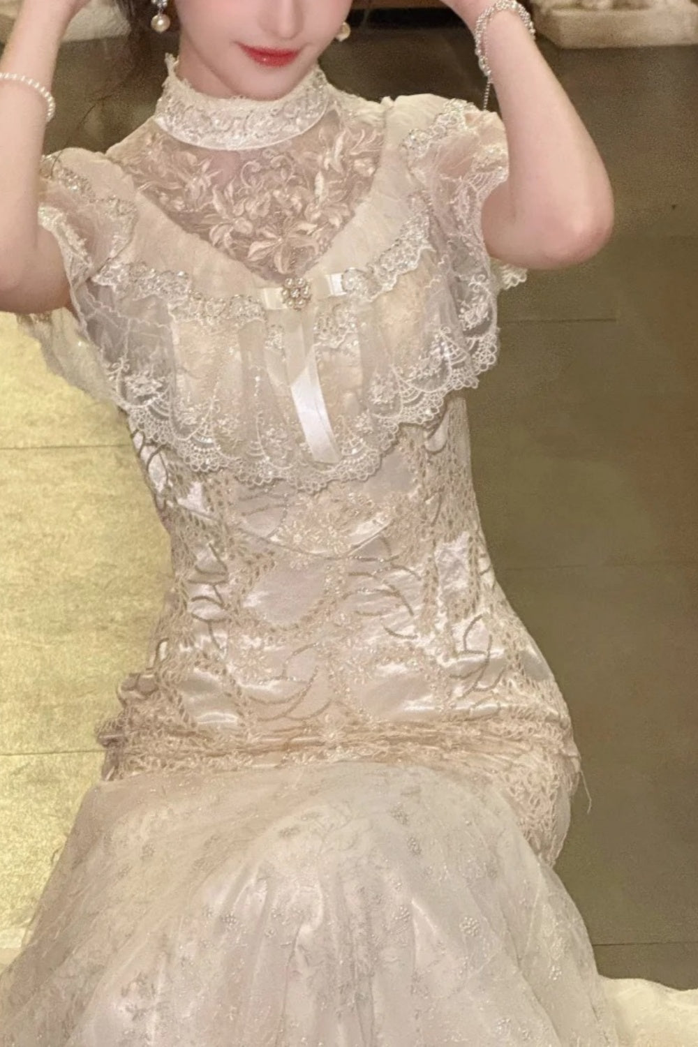 girlhomeshops-Birthday dress Lace Embroidery High-neck Gown, Retro Elegance Shows Feminine Softness gh5898