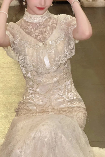 girlhomeshops-Birthday dress Lace Embroidery High-neck Gown, Retro Elegance Shows Feminine Softness gh5898