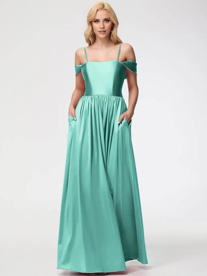 off shoulder satin and floor length Prom dress