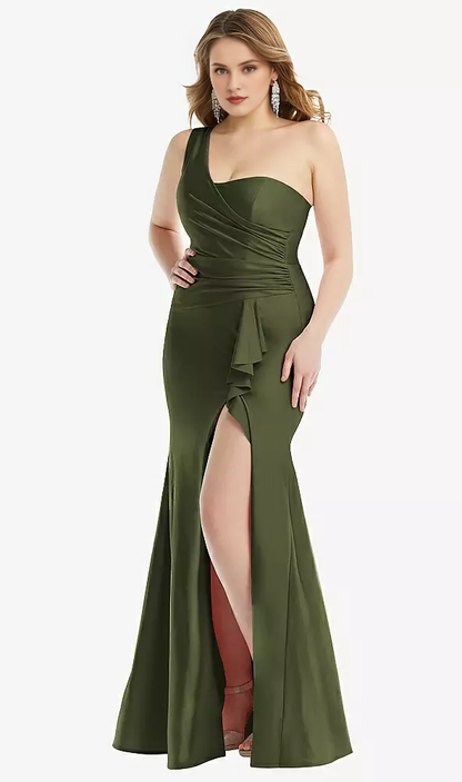 One shoulder hanging chiffon and floor length Prom dress
