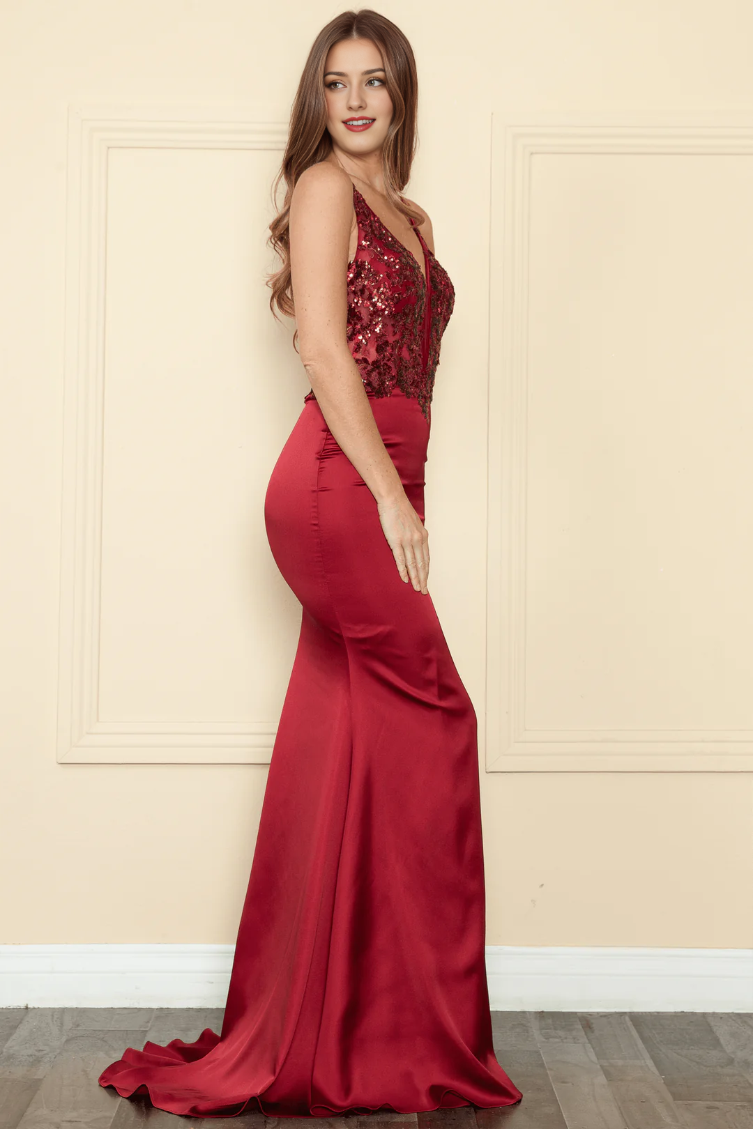 Sequin embroidery slim slit skirt long sleeveless satin dress