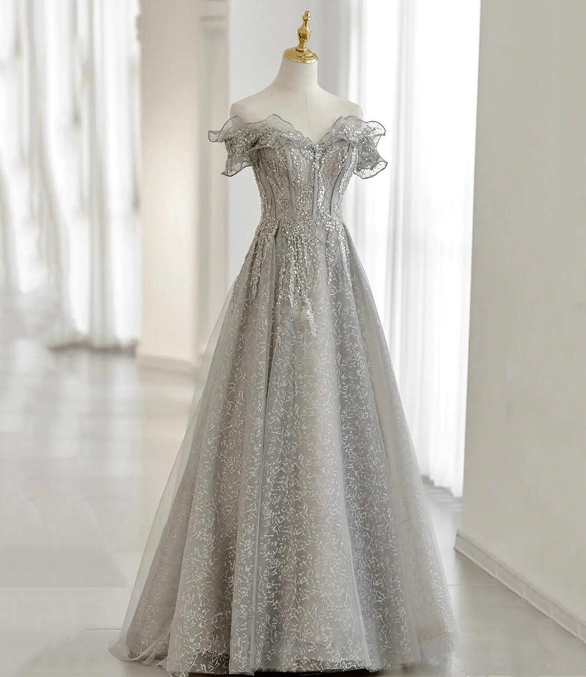 Gray tulle beads long prom dress evening gown  10174