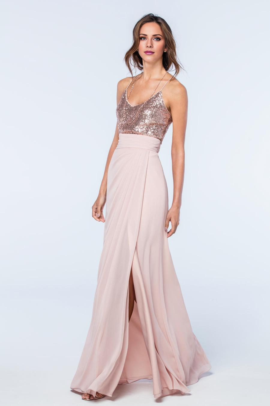 off shoulder collar sleeveless sequin thin shoulder strap with side slit and floor length evening dress