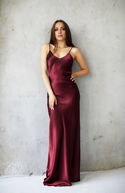 slim shoulder strap V-neck backless and floor length Prom dress