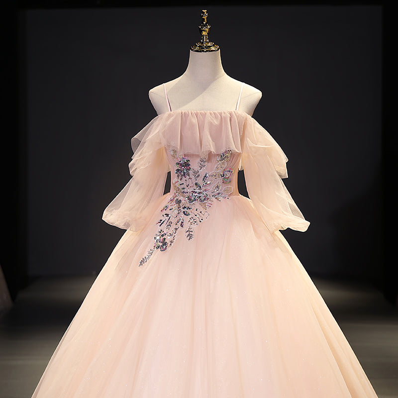 Pink tulle sequins long ball gown dress evening gown  10093