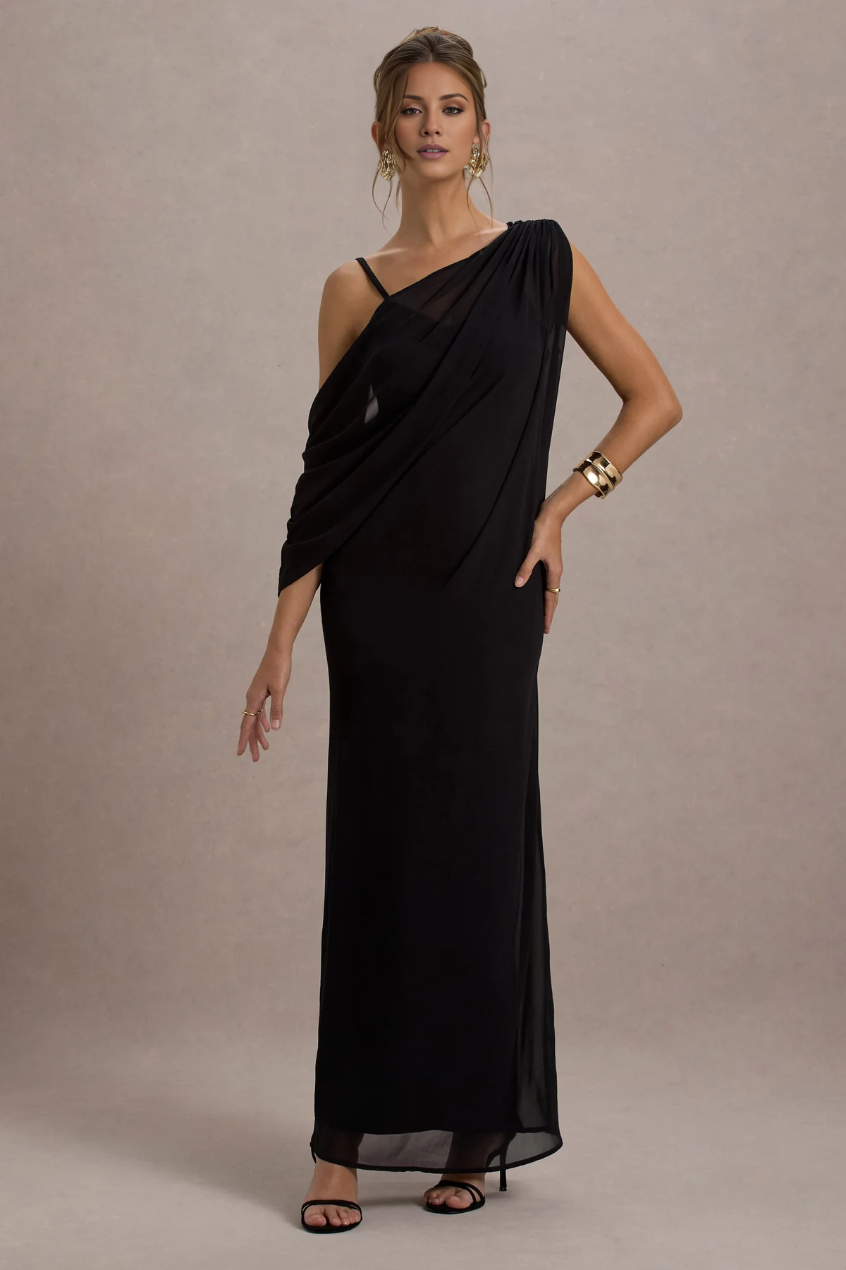 Chiffon ribbon black V-neck and floor length evening dress - Dress