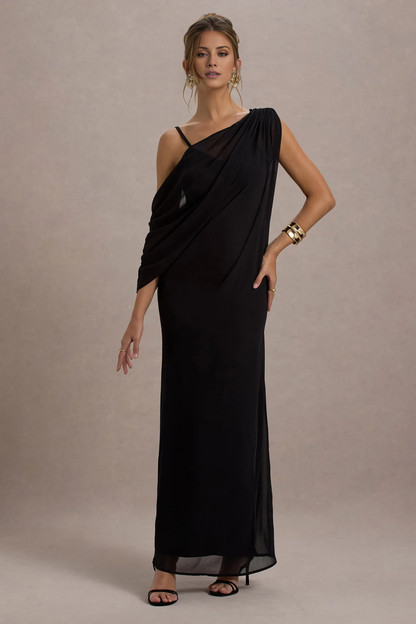 Chiffon ribbon black V-neck and floor length evening dress - Dress