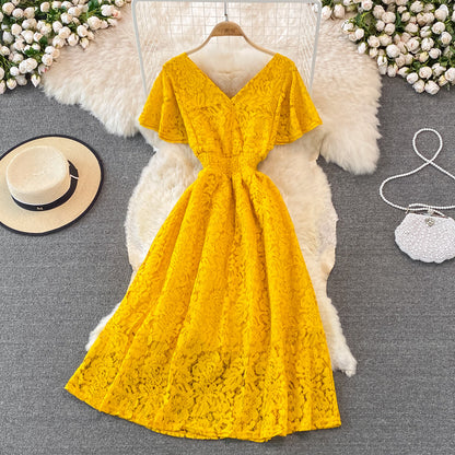 Cute V Neck Lace A Line Dress Fashion Dress  10919