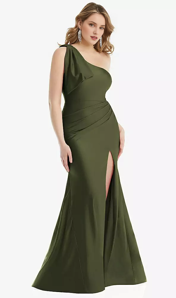 Stacked bow one shoulder silk satin mermaid Prom dress