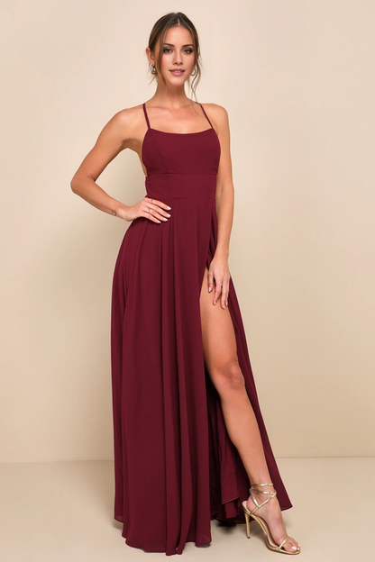 square neckline sleeveless thin shoulder strap backless side slit and floor length evening dress