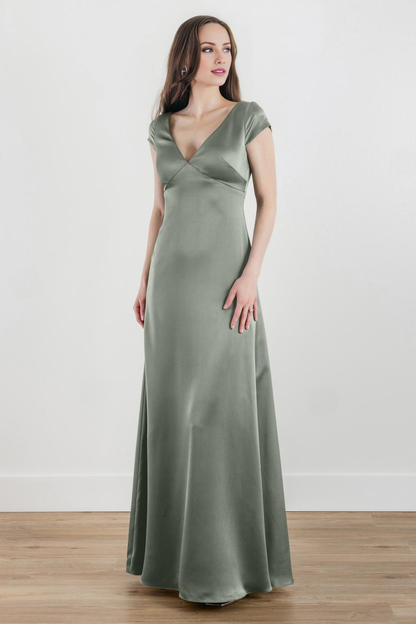 V-neck short sleeved satin and floor length evening dress