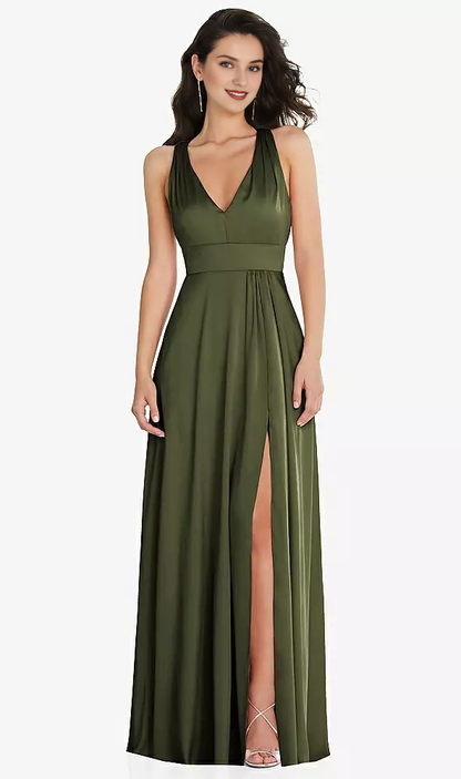 Front slit parallel crease seam shoulder back cross long Prom dress