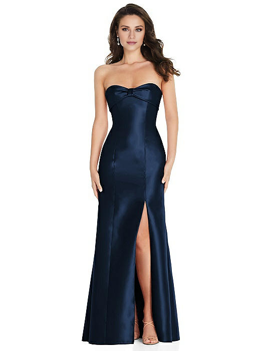off shoulder collar sleeveless strapless backless side slit and floor length Prom dress