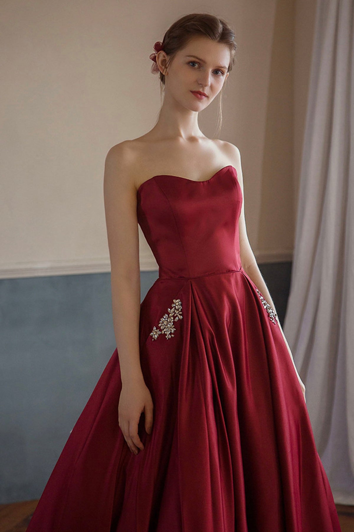 Red satin long A line prom dress red evening dress  10594