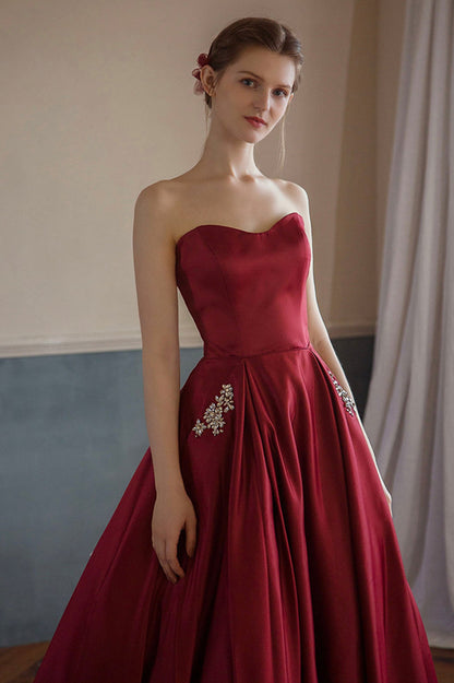 Red satin long A line prom dress red evening dress  10594