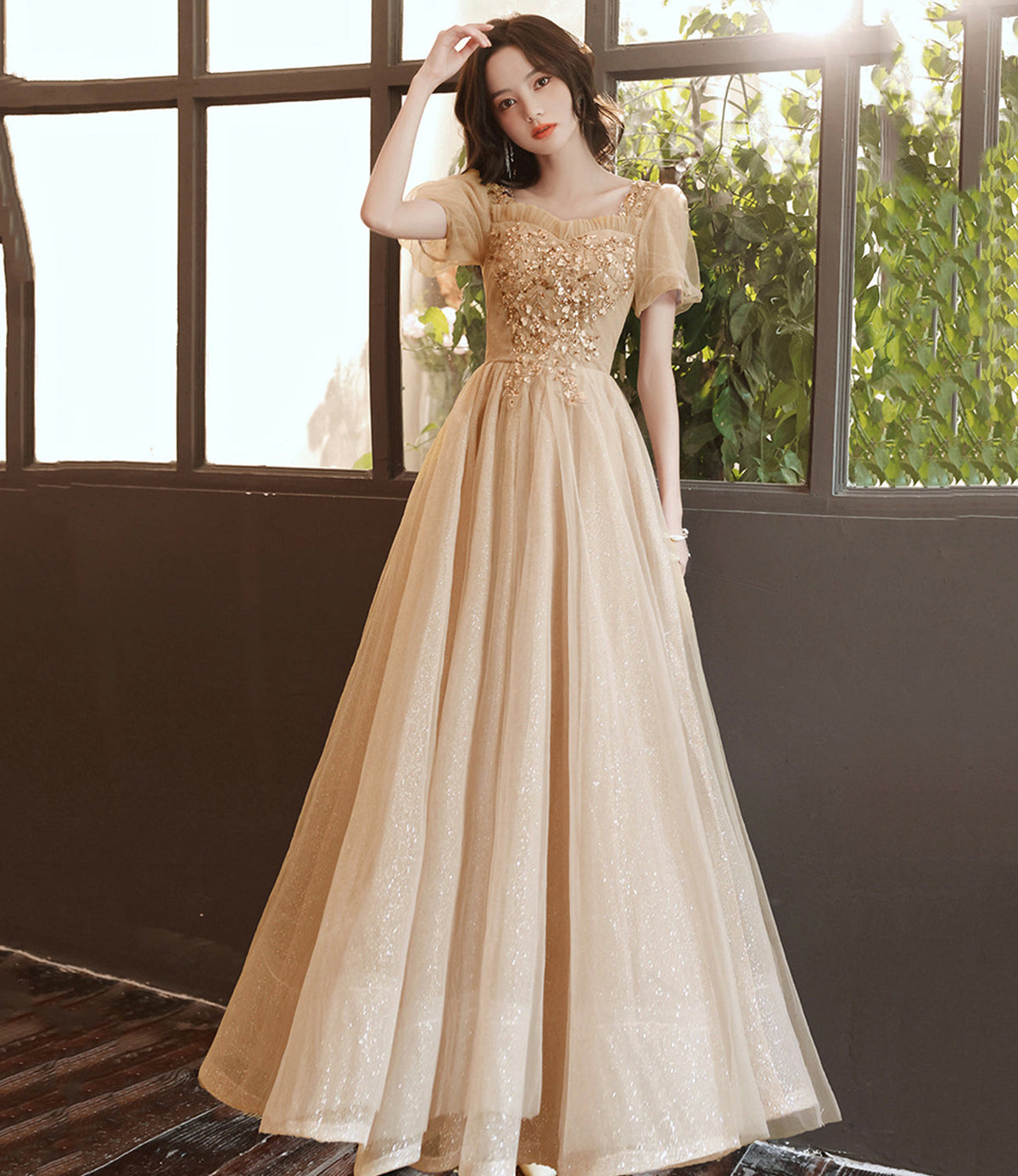 Cute tulle sequins long prom dress evening dress  10263