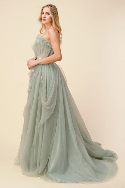Pleated long strapless sheer A-line dress