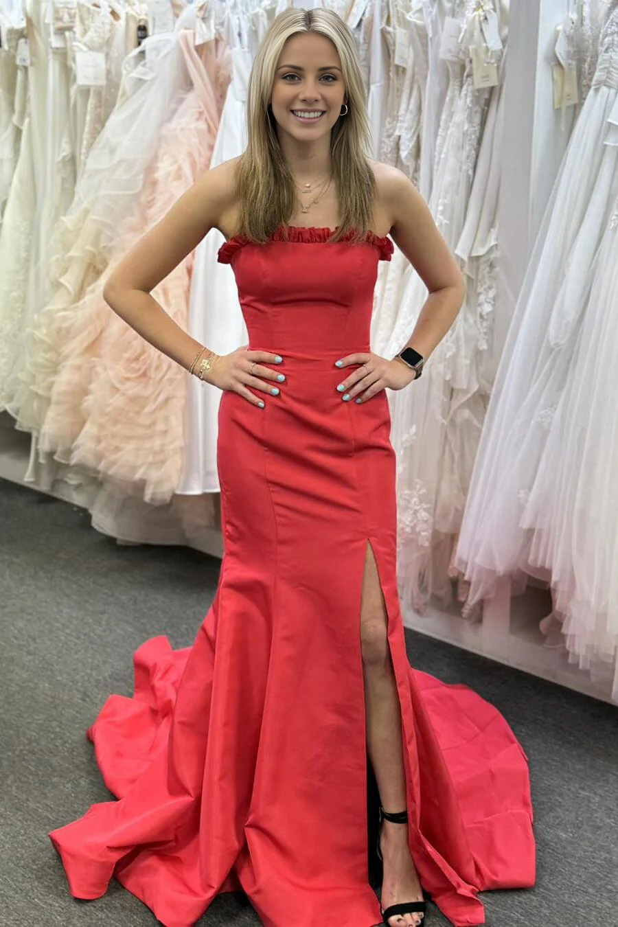 off shoulder red satin slit with fish tail long dress