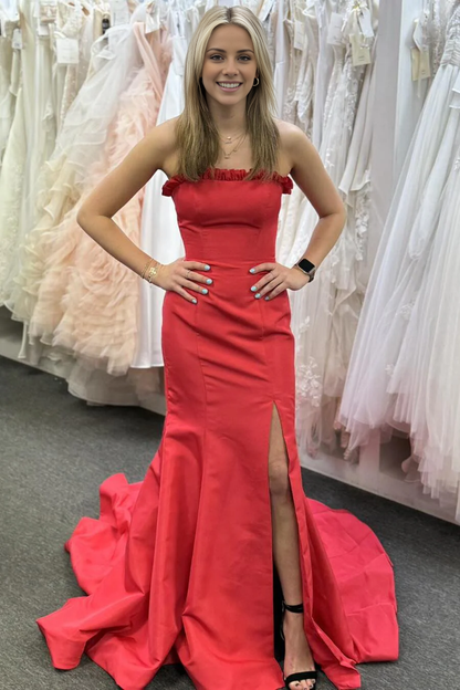 off shoulder red satin slit with fish tail long dress