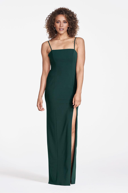 square neckline thin shoulder strap sleeveless backless side slit and floor length evening dress