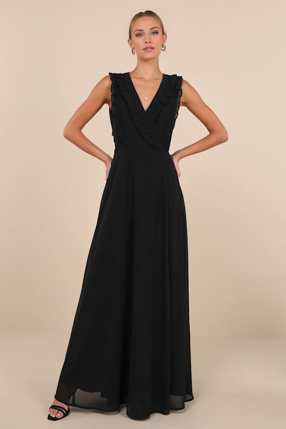 A-line V-neck sleeveless ruffle and floor length evening dress