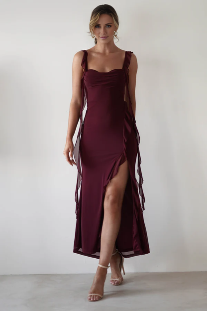 Square neck thin shoulder strap off shoulder long Prom dress - Dress