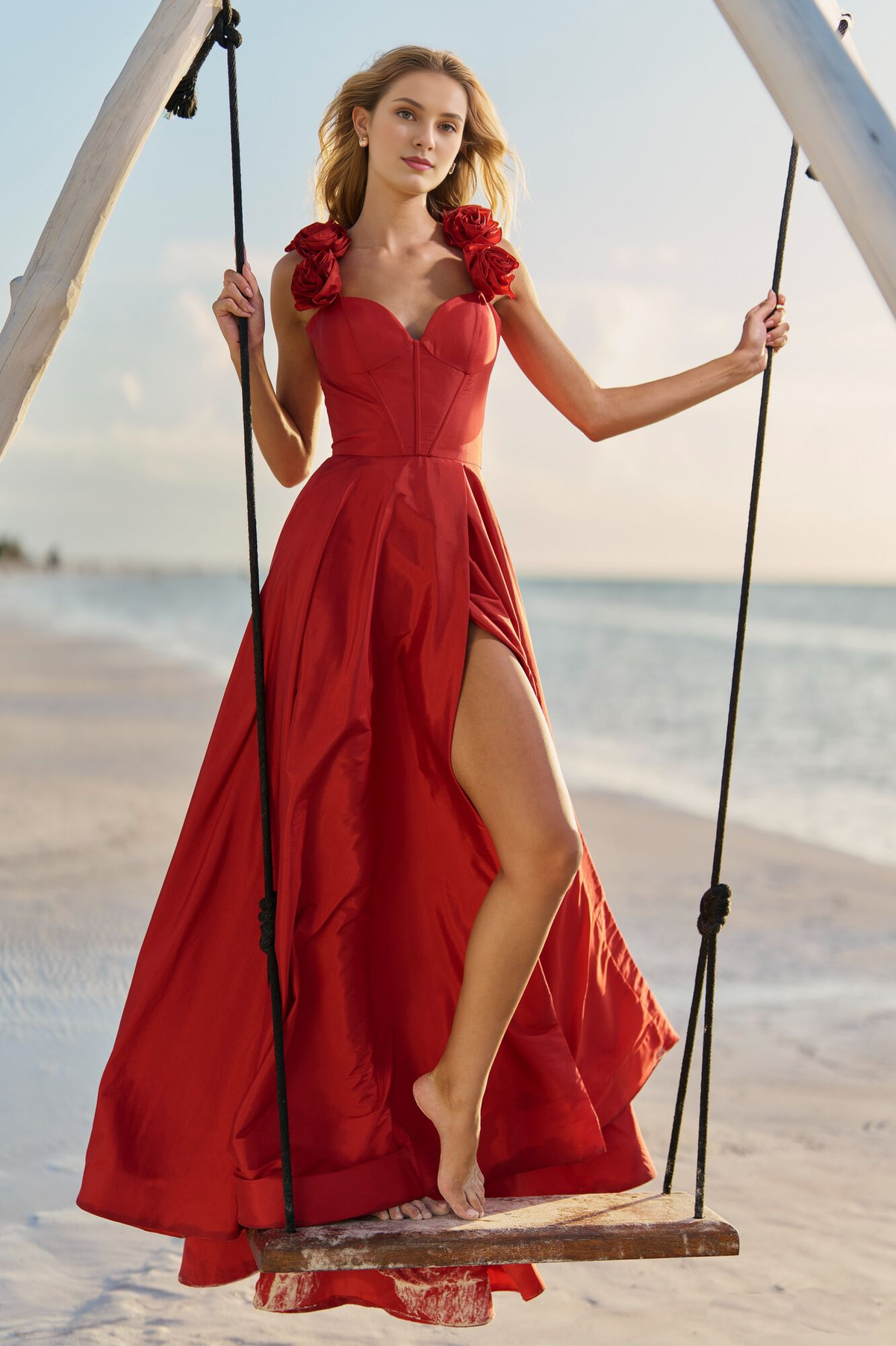 A-line rose decoration shoulder strap tight corset back strap and floor length Prom dress