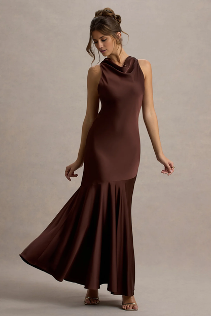 Satin high neck backless and floor length evening dress - dress